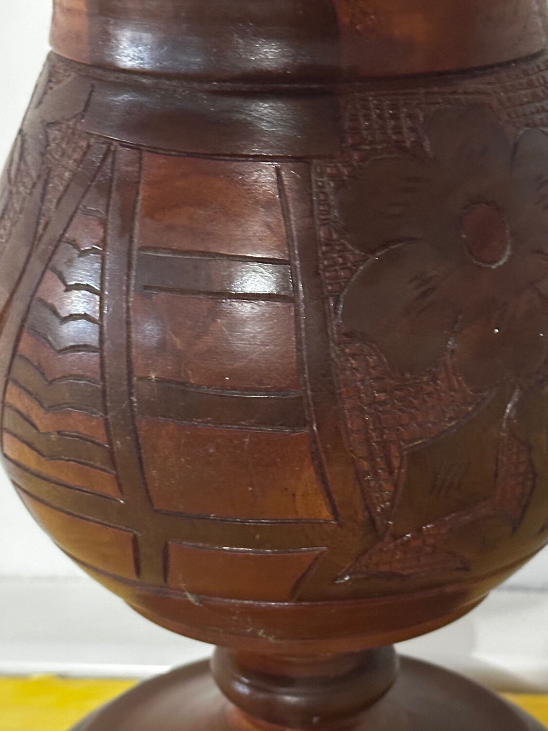 Vintage Turned and Carved Wooden Vase - Vine Decor H 28 cm