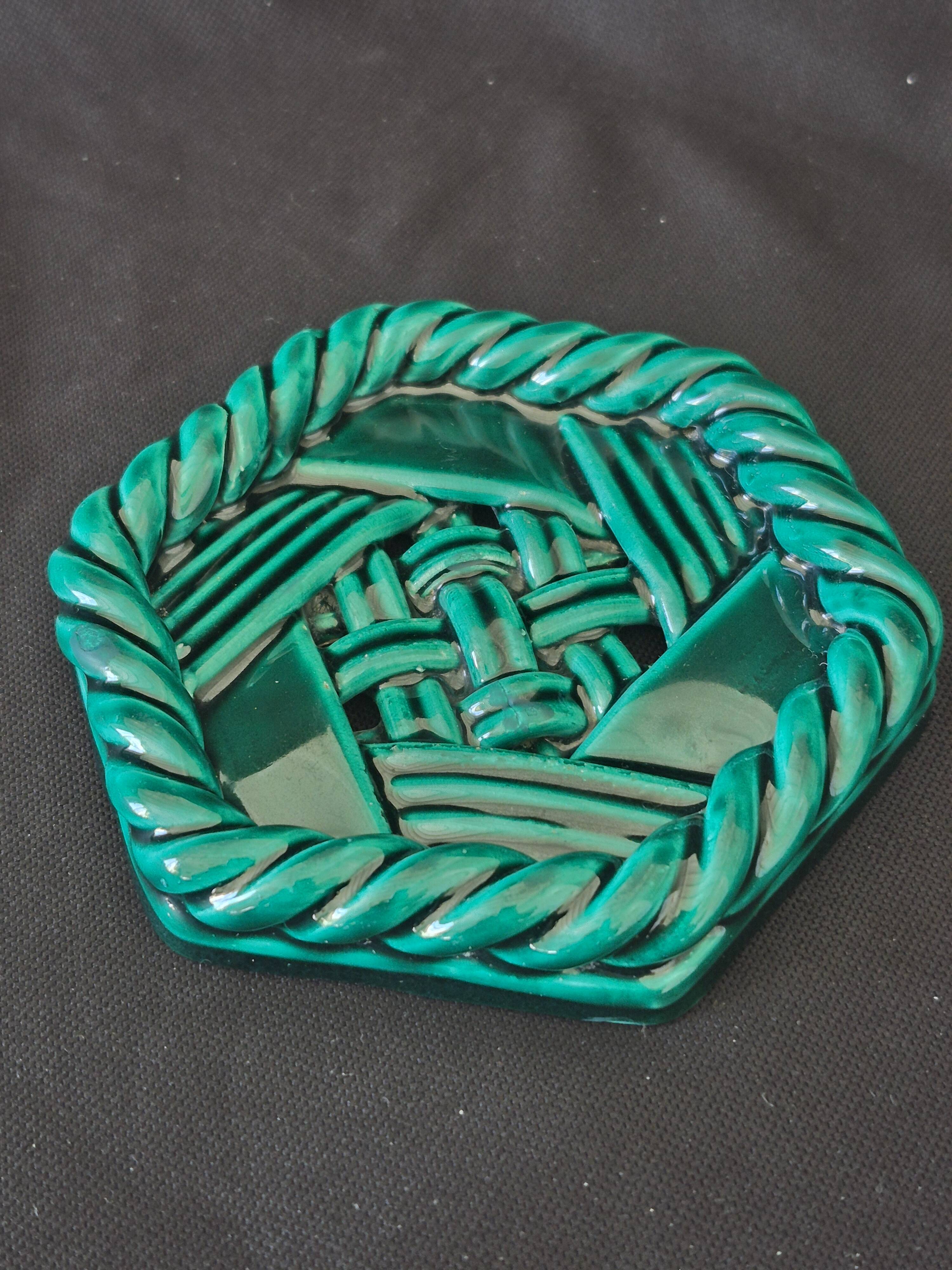 Varnished ceramic trivet from Vallauris and 2 bottle coasters.