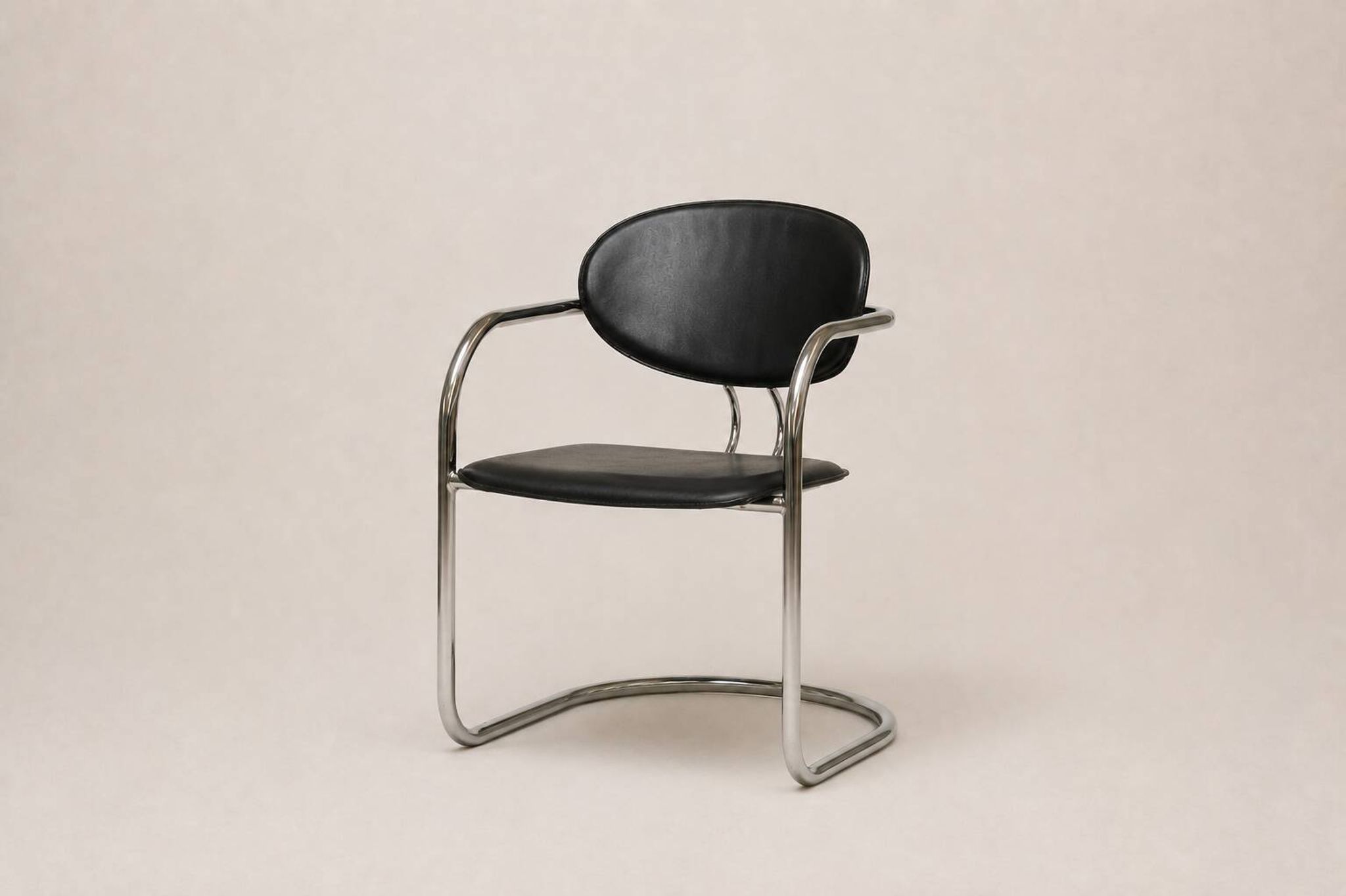 Set of eight cantilever chairs in black faux leather and chrome steel — c. 1980
