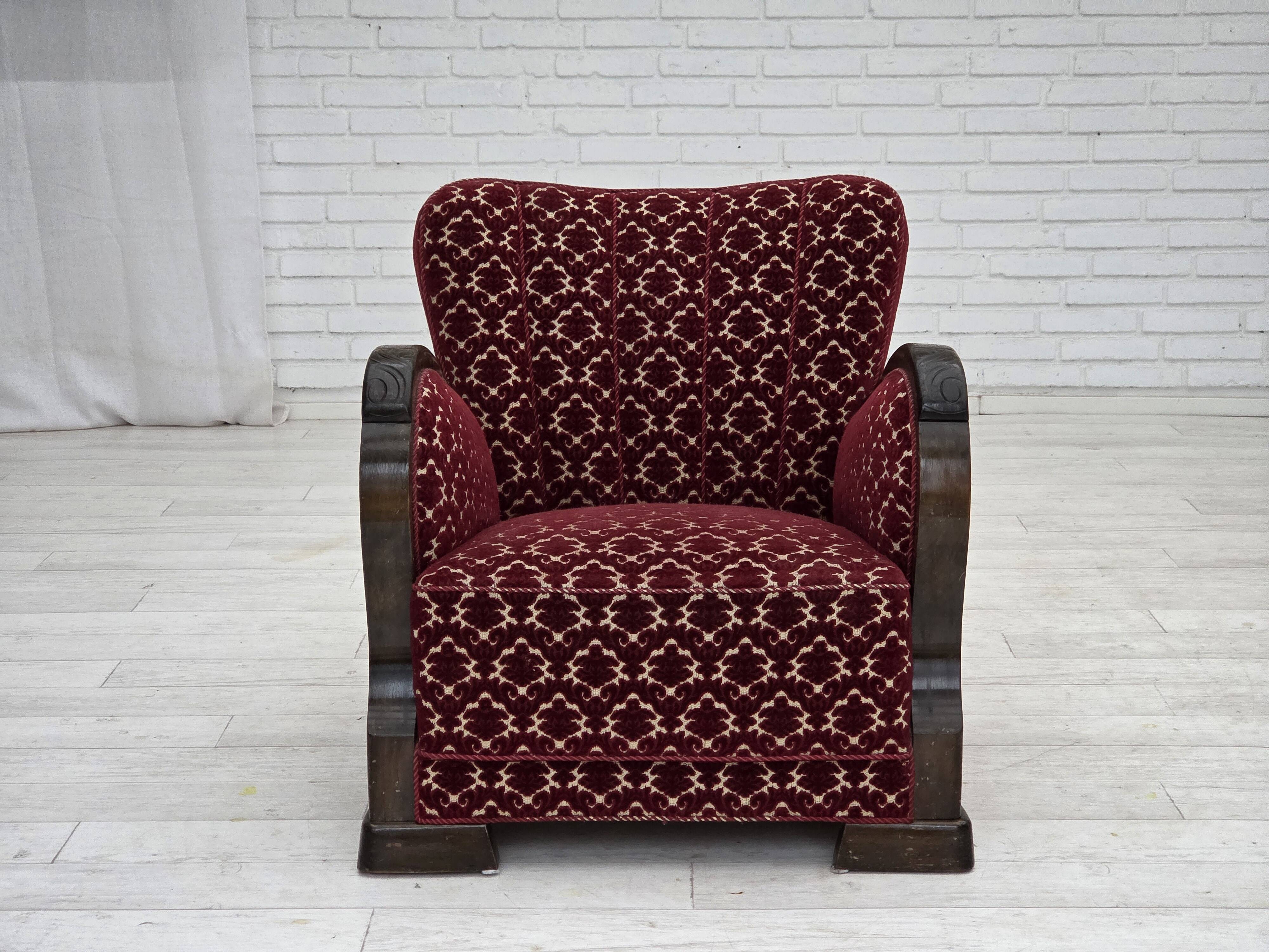 1960s, Danish armchair, cherry-red furniture velour, oak wood.