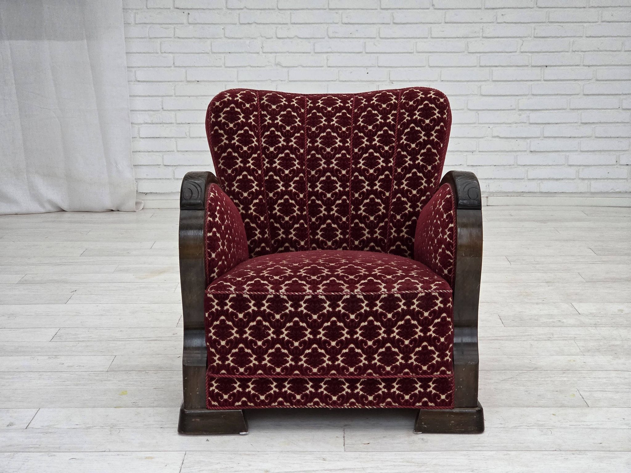 1960s, Danish armchair, cherry-red furniture velour, oak wood.