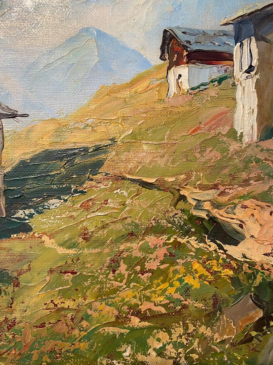 Old painting, Swiss mountain landscape signed H Herzer, mid-XX century