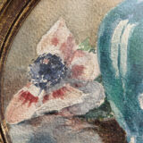 Still life, Watercolor with anemones, signed, oval frame