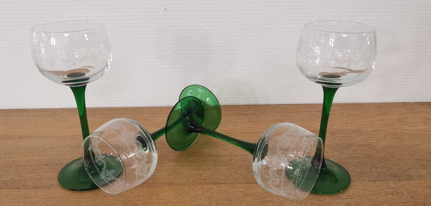1950s French Luminarc Green Stemmed Wine Glasses- Set of 4