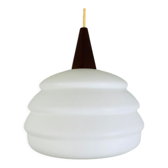 Scandinavian opaline teak pendant lamp 60s