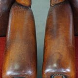 Set of 2 sheep leather wingback chairs with red corduroy seat cushions