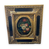 Huile sur panneau, peinture sur bois représentant un bouquet de fleurs