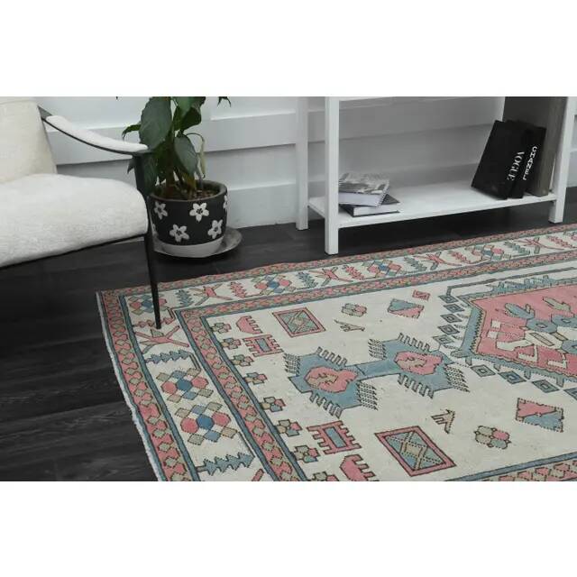 1970s Vintage Turkish Handmade Wool & Cotton Pink Area Rug 172x263
