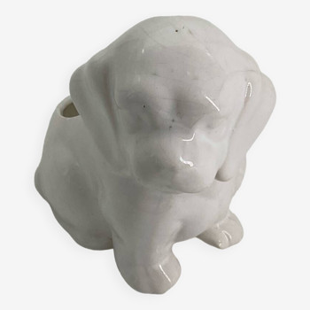 Cache pot chien en porcelaine blanc vintage