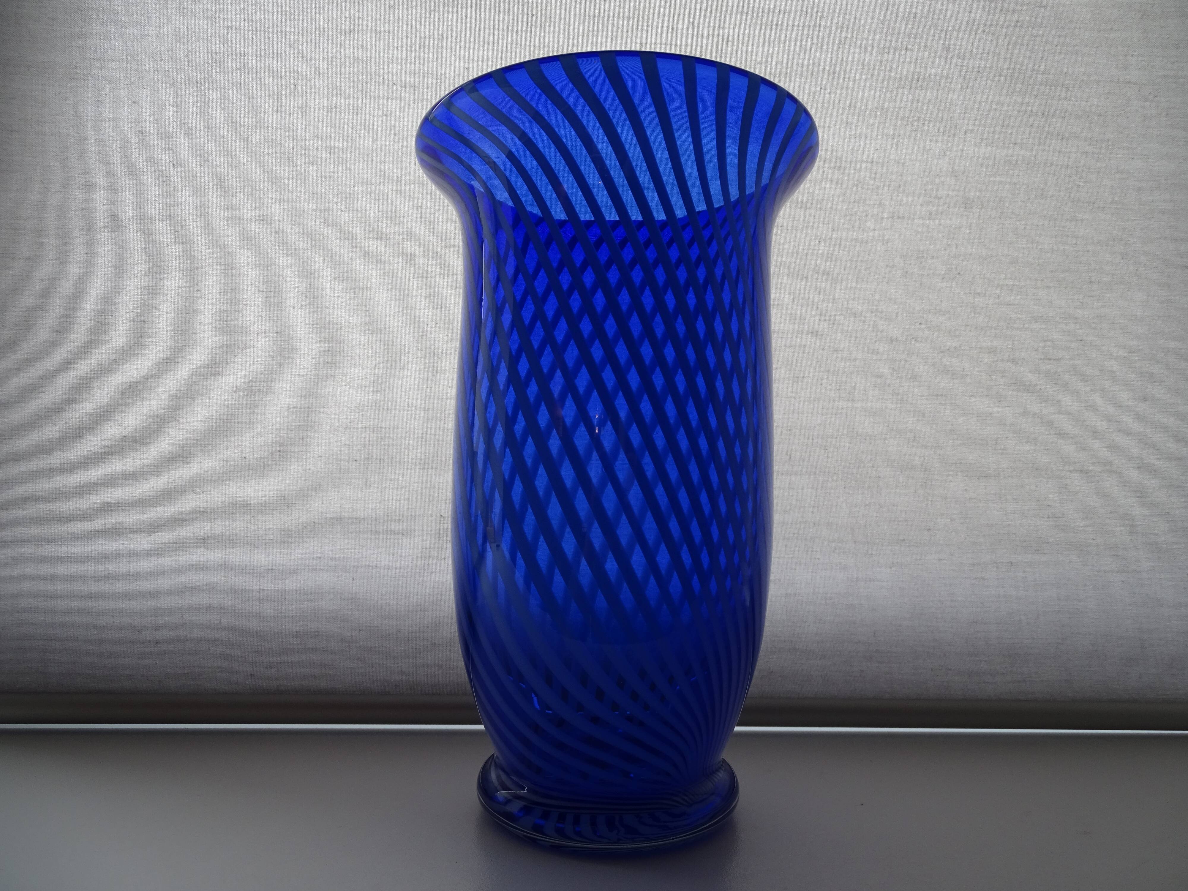 Murano spiral cobalt blue blown glass vase