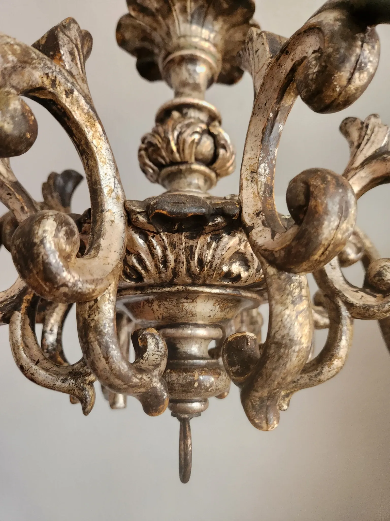 Xl Large Vintage Regency Mid Century Louis XV Baroque Rococo Hand Painted Carved Wood 8 Light Chandelier Floral, Italy, Florence 1920 1950