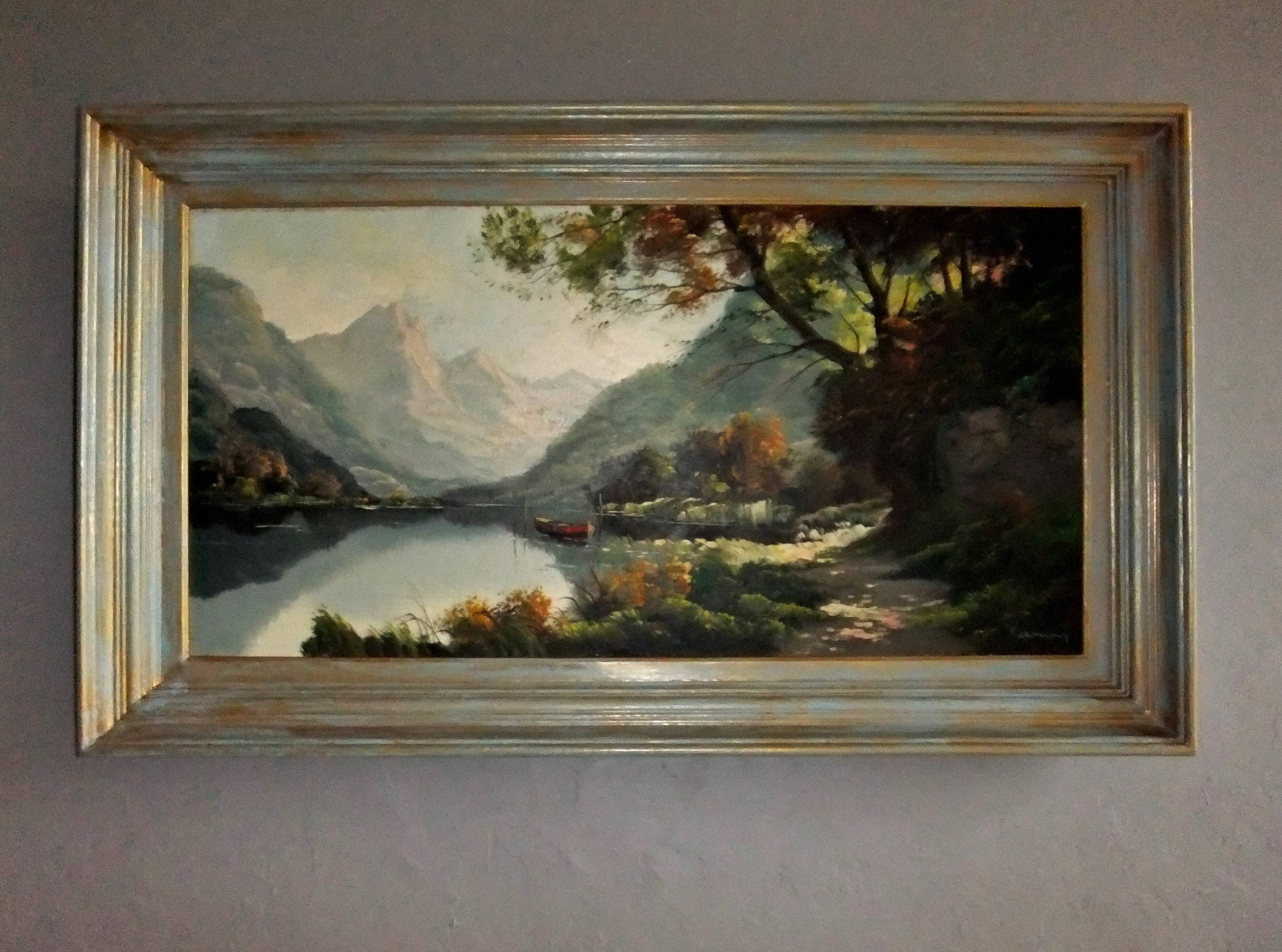 Oil painting landscape signed Vernon Gustavian blue and gold frame