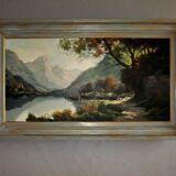 Oil painting landscape signed Vernon Gustavian blue and gold frame