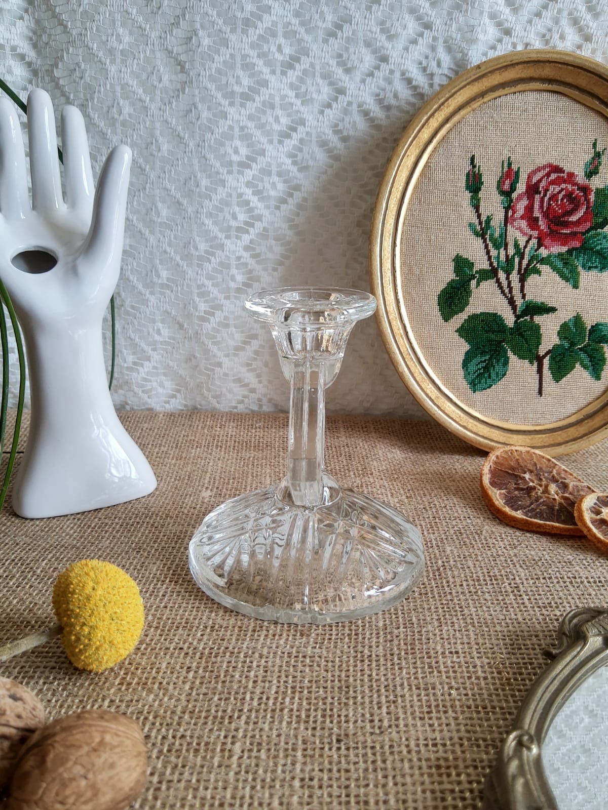 Art Deco chiseled glass candle holder - vintage