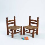 Low fireplace chairs, French, wood and straw set of 2