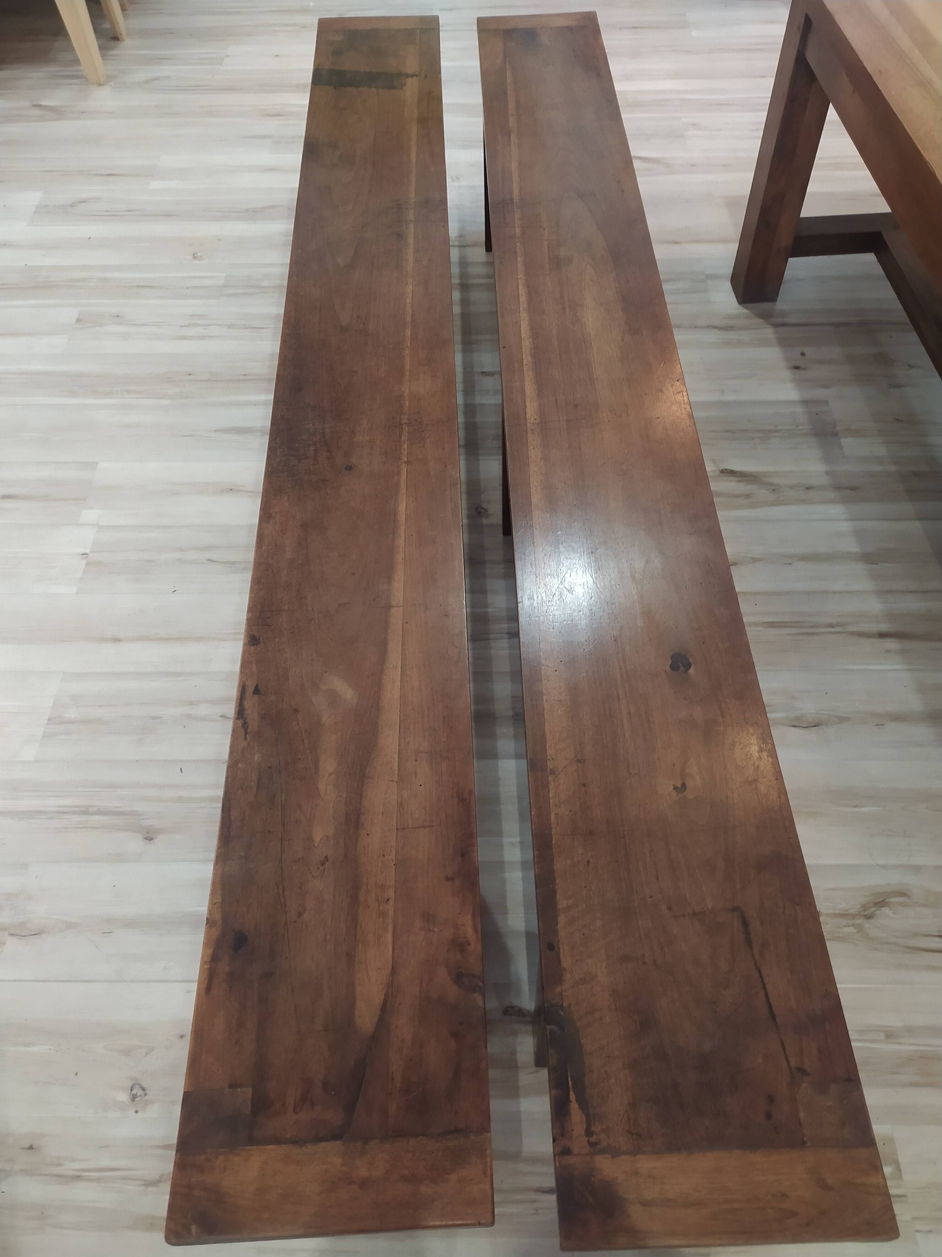 19th-century solid walnut farmhouse table, benches, extensions, Ardèche.