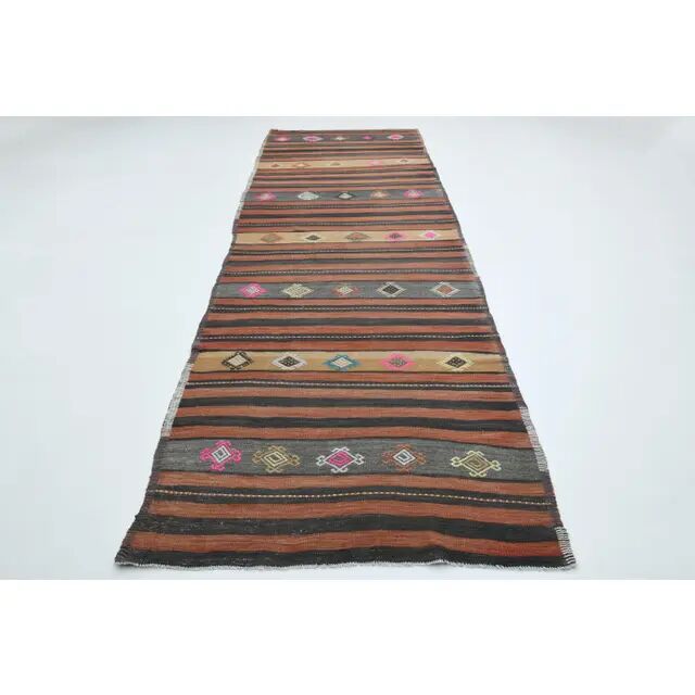 1970s  Turkish Oushak Handmade Wool Cotton Orange Runner Rug 125x376