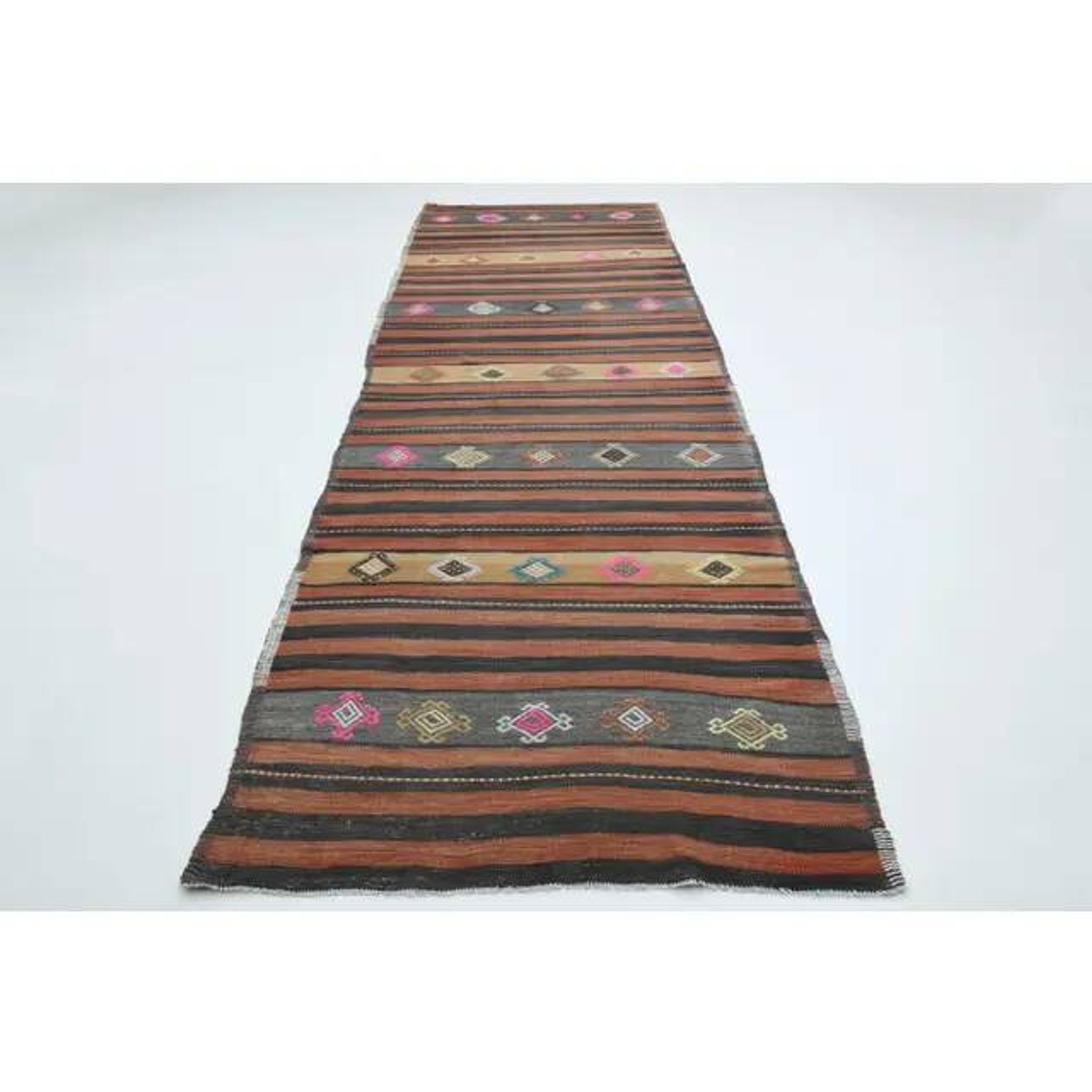 1970s  Turkish Oushak Handmade Wool Cotton Orange Runner Rug 125x376