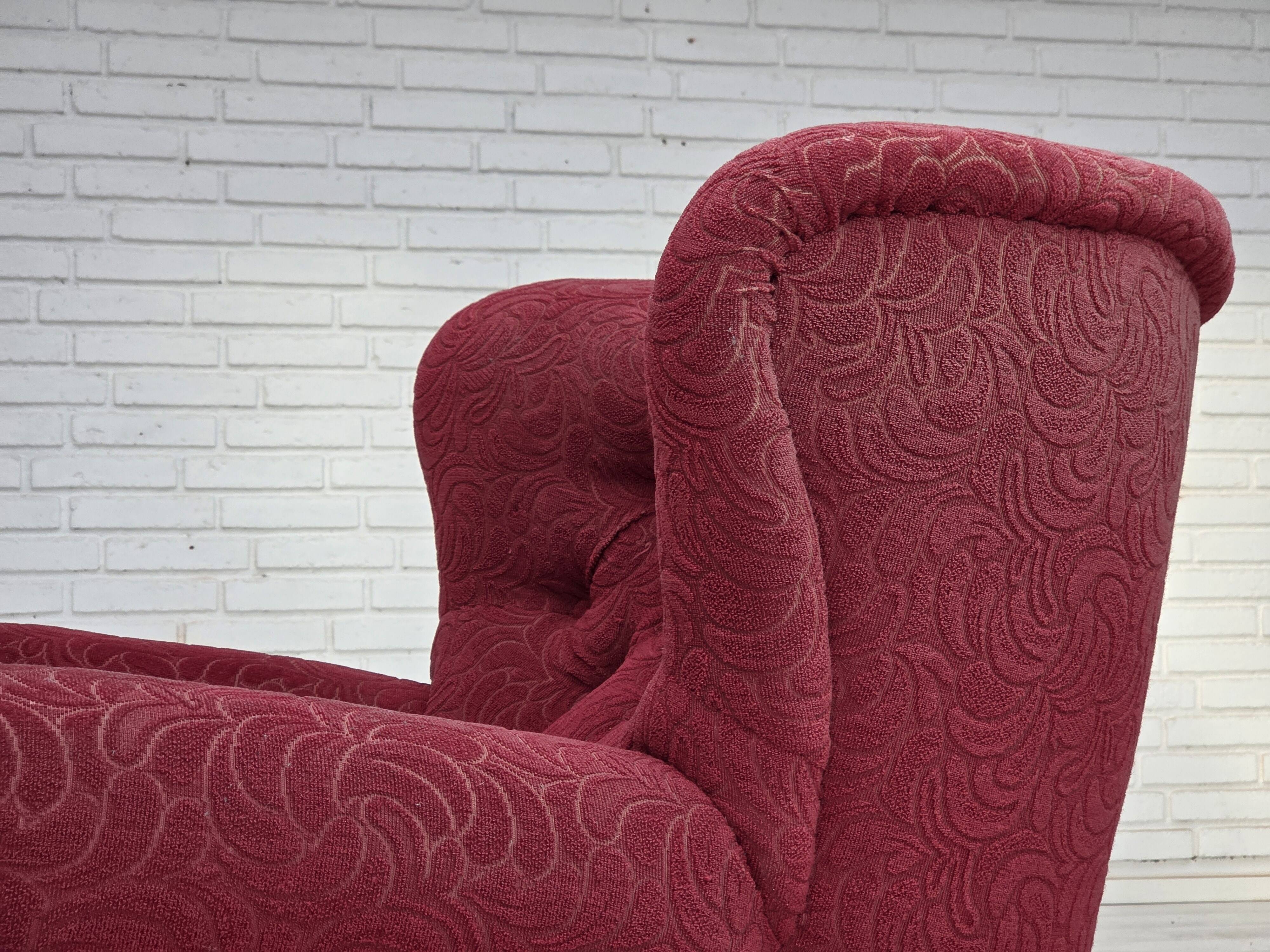 1950s, Danish relax armchair, red furniture fabric, ash wood legs.