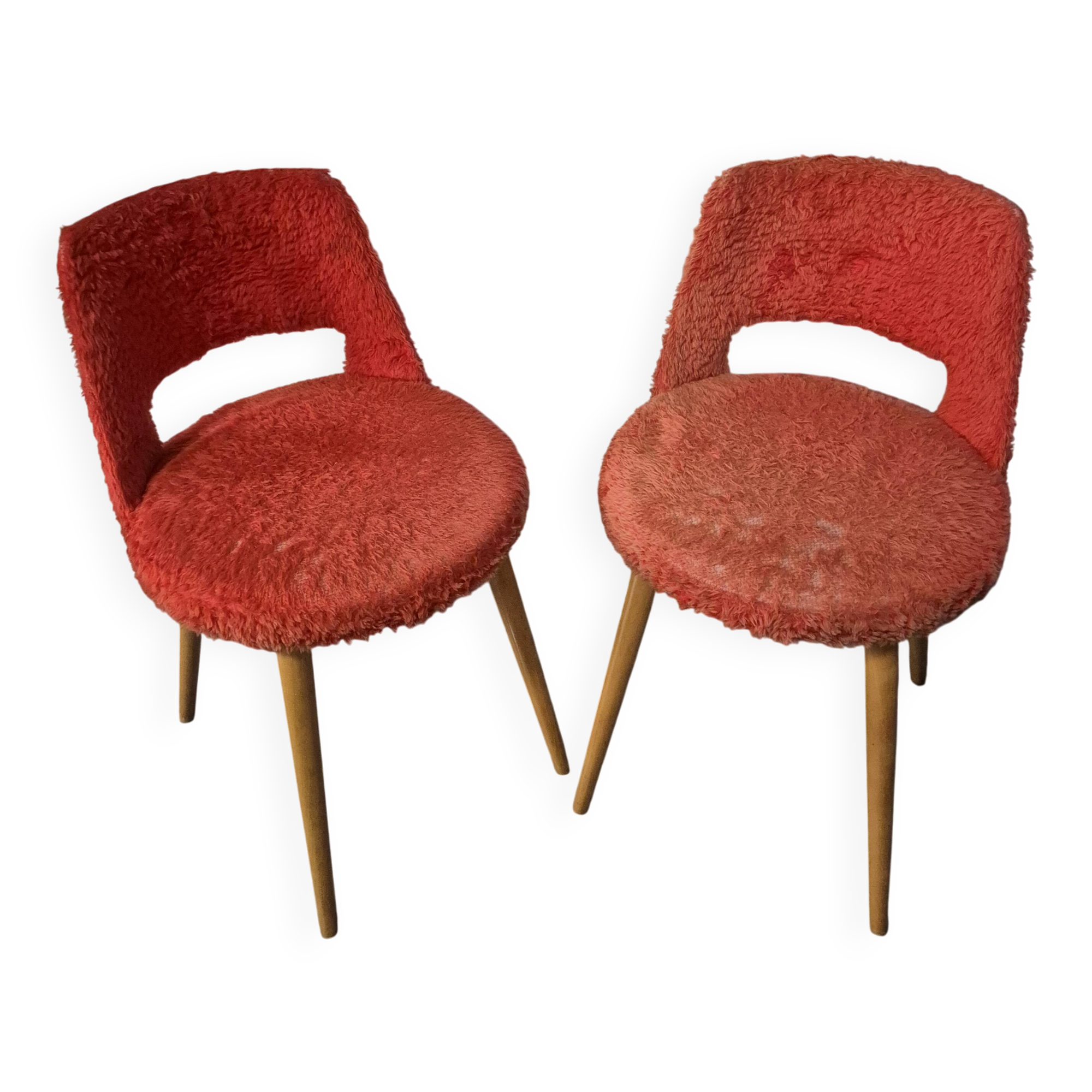 lot de 2 chaises fauteuil vintage en moumoute rouge usé
