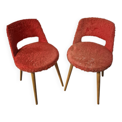 lot de 2 chaises fauteuil vintage en moumoute rouge usé