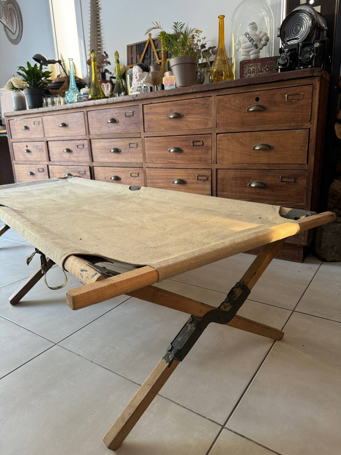 Old vintage military camp bed