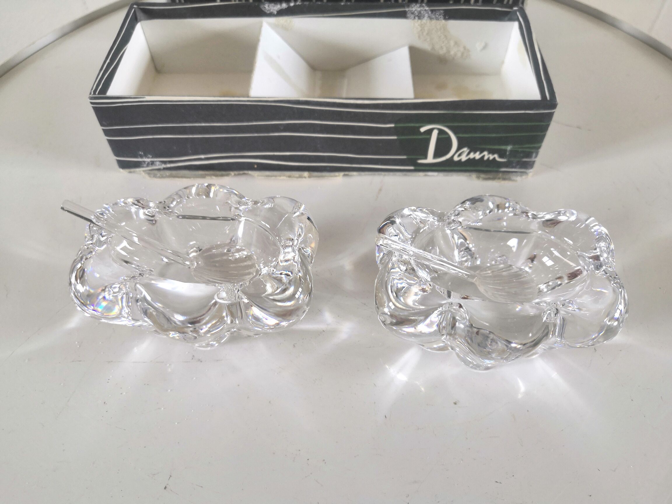 Salt and pepper shaker signed Daum design 70s in their original box
