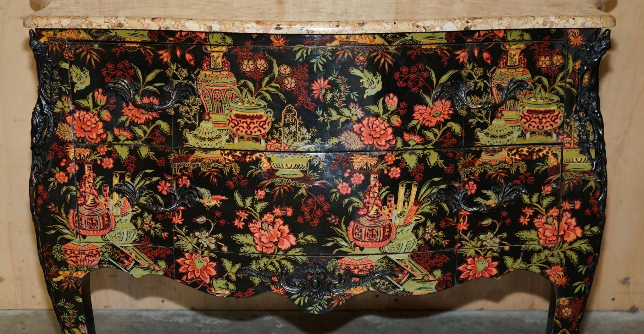 Antique Chinoiserie Commode Hand-Painted with Marble Top