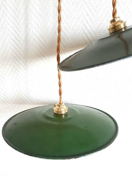 Pair of industrial enameled sheet metal pendant lights