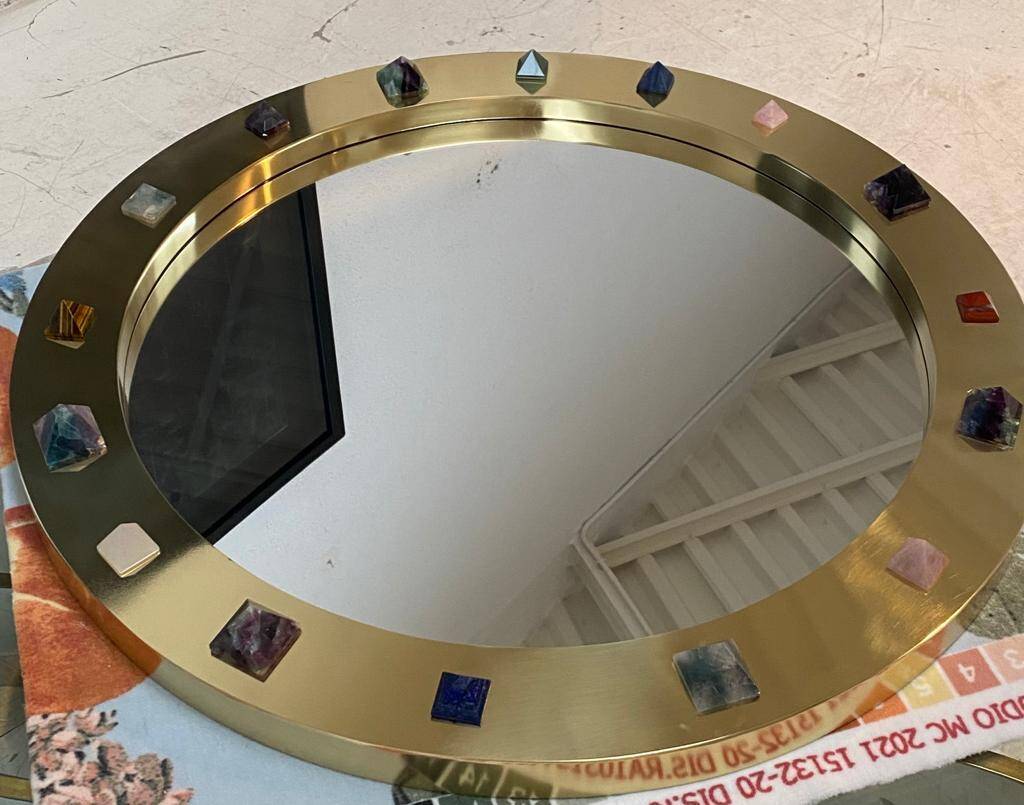 Modern Circular Mirror with Brass Frame and Semi-Precious Stone