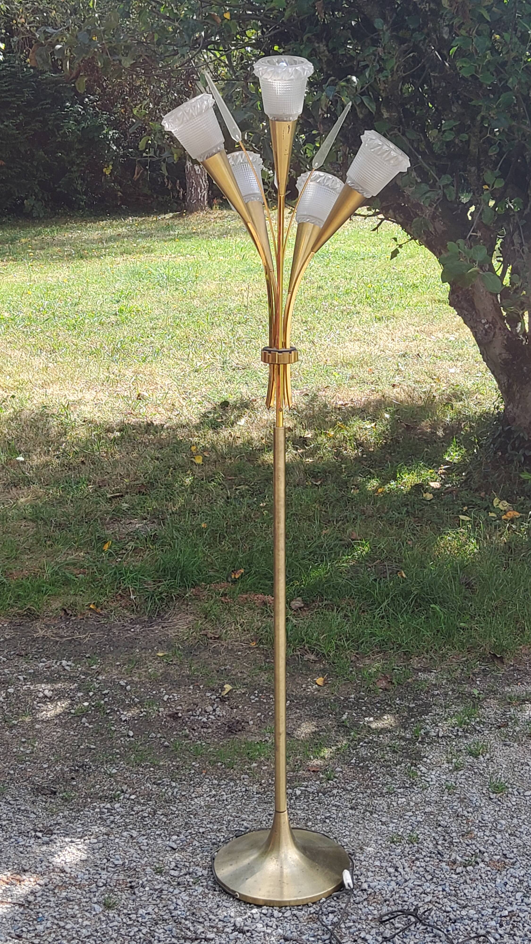 Vintage floor lamp in gilded brass with 5 glass tulips from the 50s