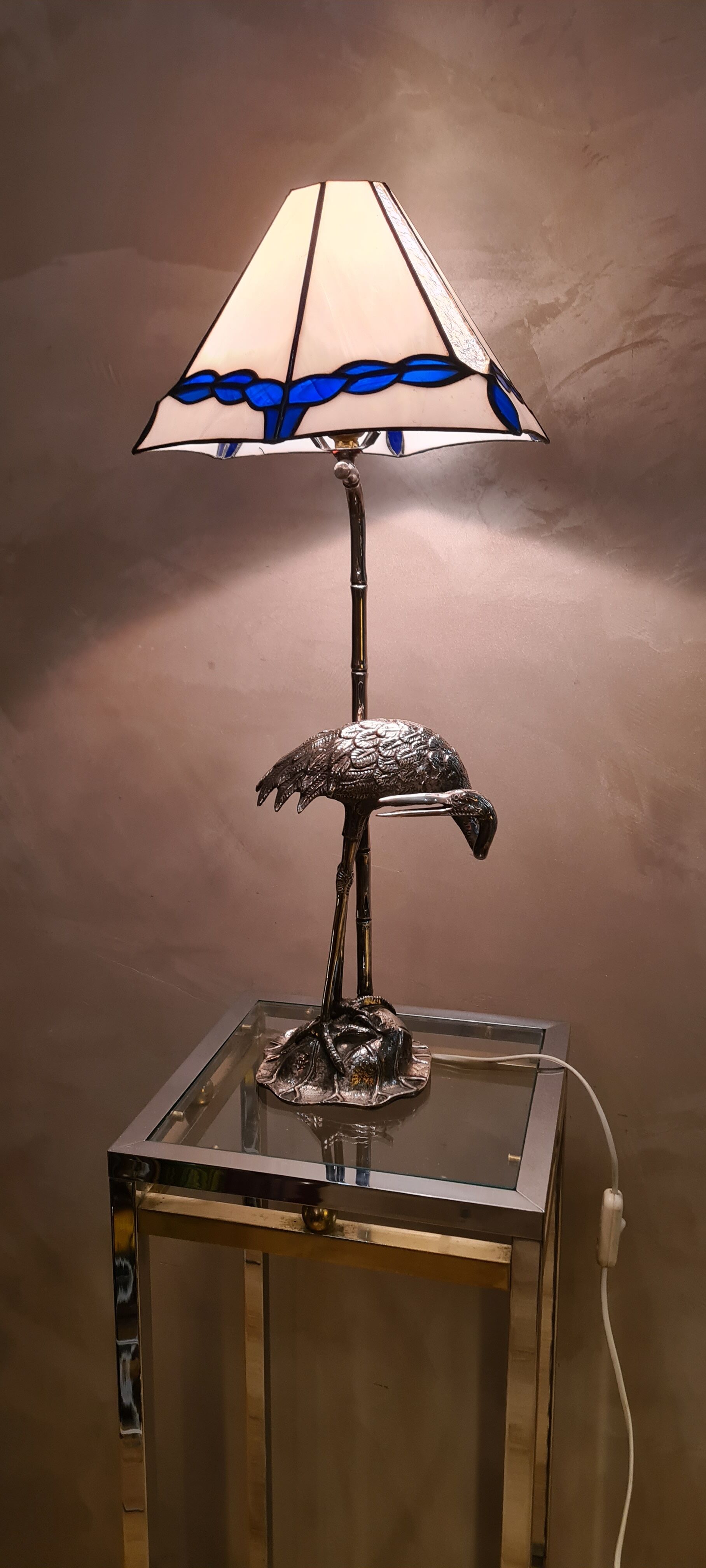 silver metal lamp, heron, wader, bamboo