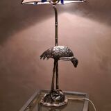 silver metal lamp, heron, wader, bamboo