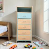Vintage tall chest of drawers in raw wood and grey-blue from the 1950s.