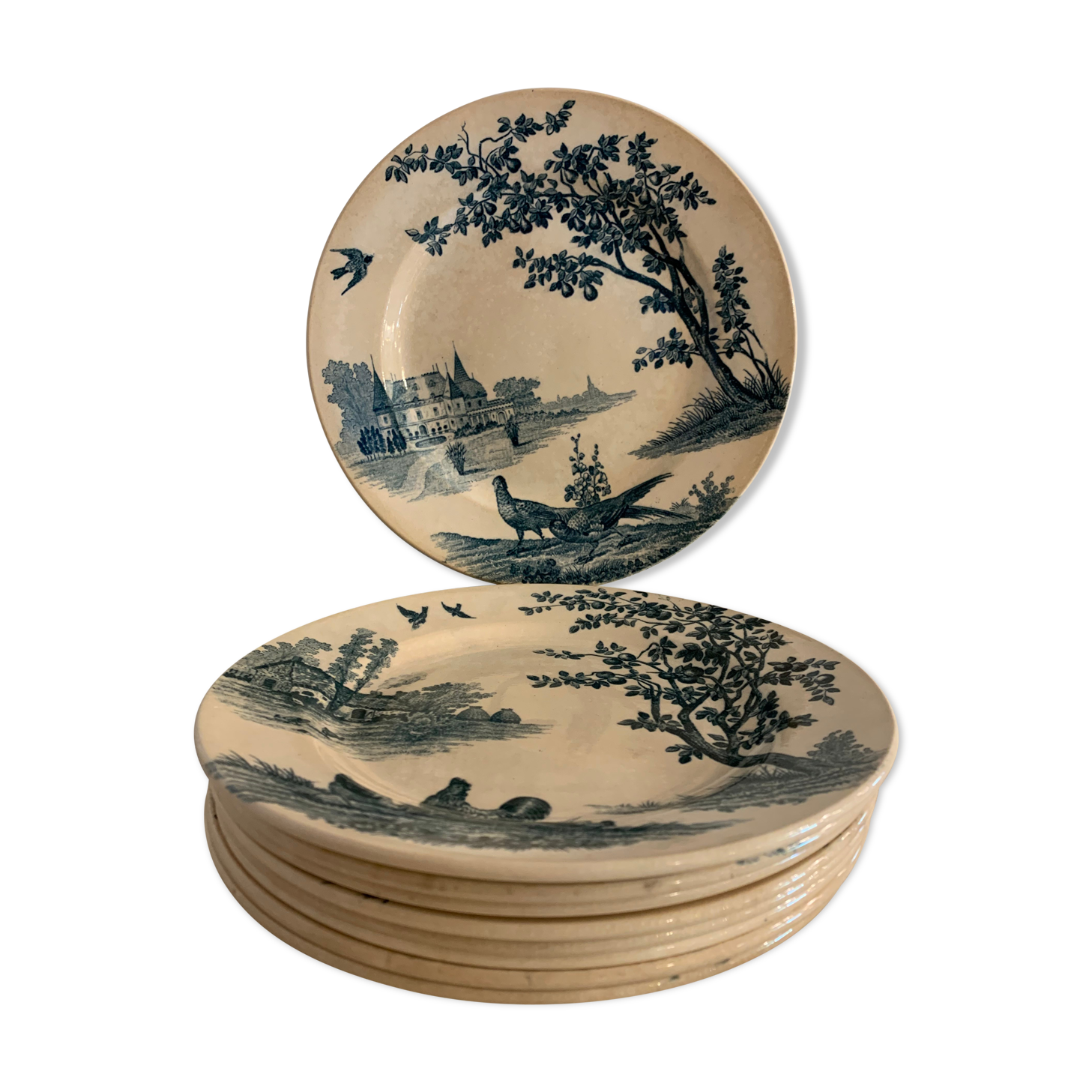 9 dessert plates old chickens, geese and pheasants blue field service Terre de Fer