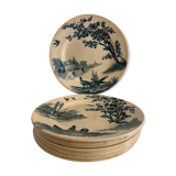 9 dessert plates old chickens, geese and pheasants blue field service Terre de Fer