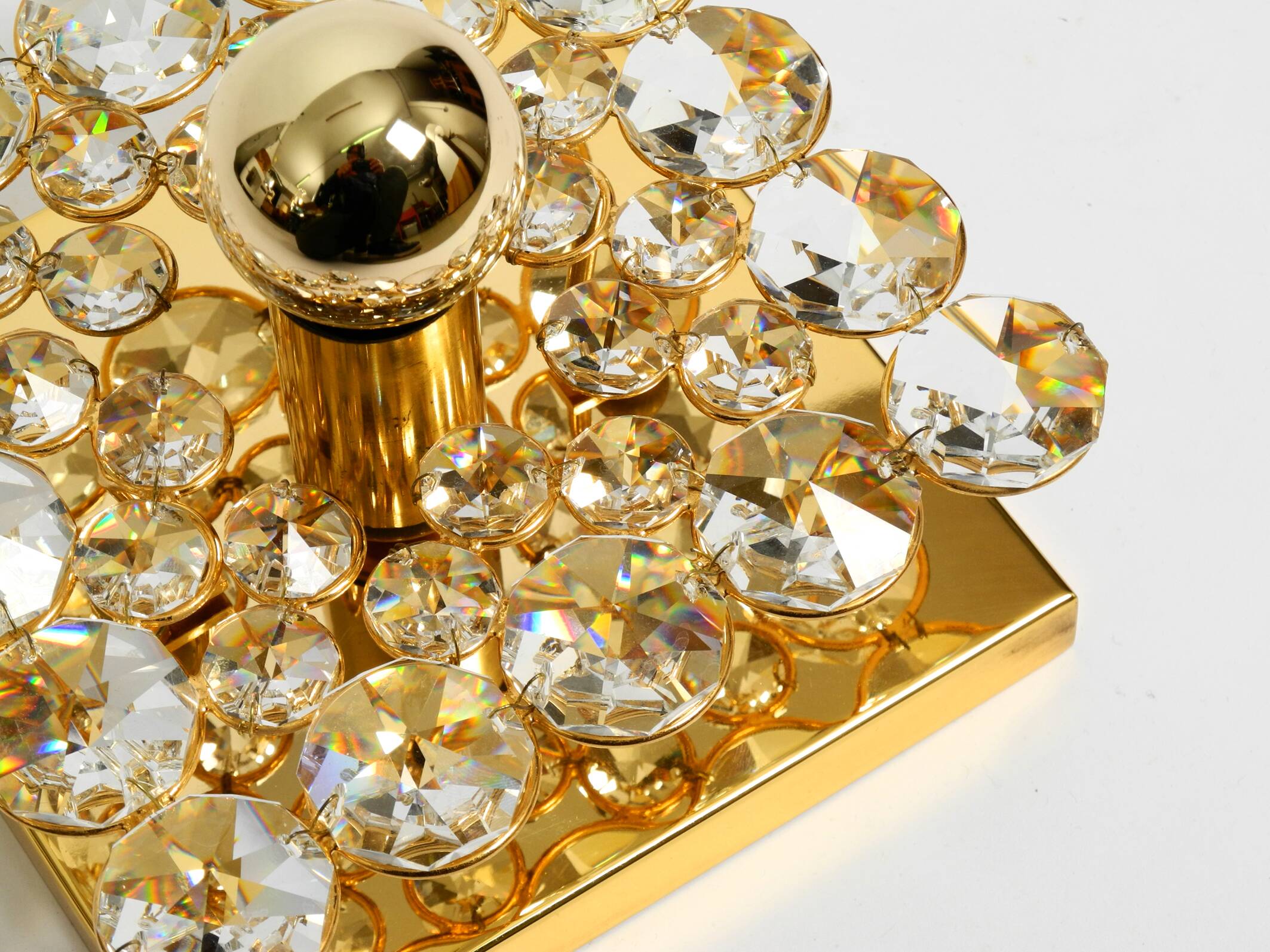 Small 70s Palwa brass ceiling or wall lamp with faceted crystal stones