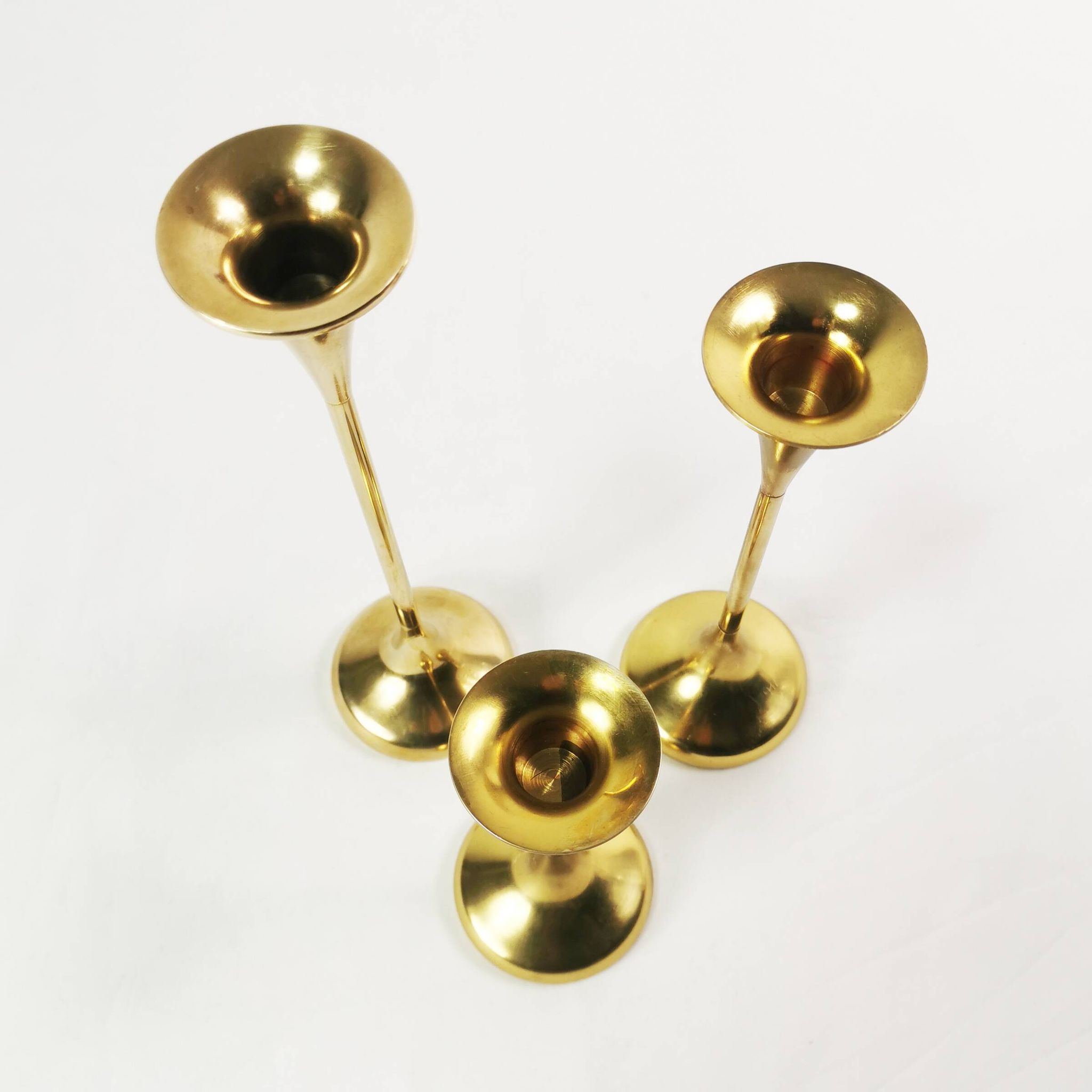 Set of modernist brass candlesticks, Denmark, 1960s.