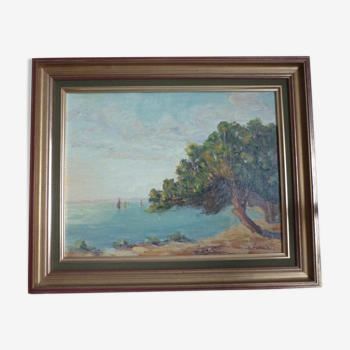 Tablau painting with seaside oil signed