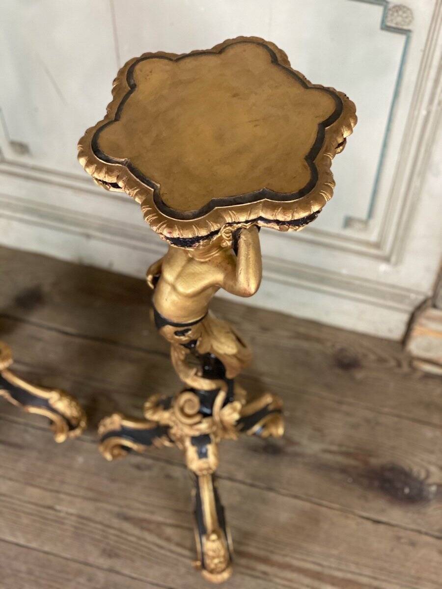 Pair of carved wooden pedestals, black and gold patina circa 1900