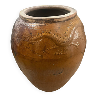 Martaban jar in monochrome brown enameled stoneware with dragon decor