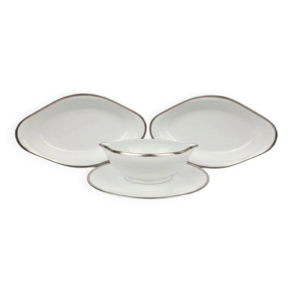 Saucière et deux raviers Raynaud modèle Fontainebleau platine