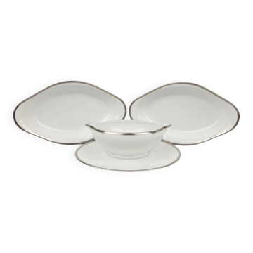 Sauceboat and two Raynaud Fontainebleau platinum dishes.