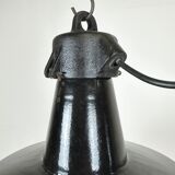 Industrial black enamel factory lamp with cast iron top, 1960s