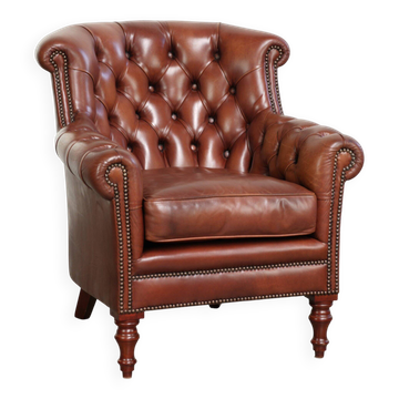 Cognac-coloured cow leather Chesterfield armchair in English style