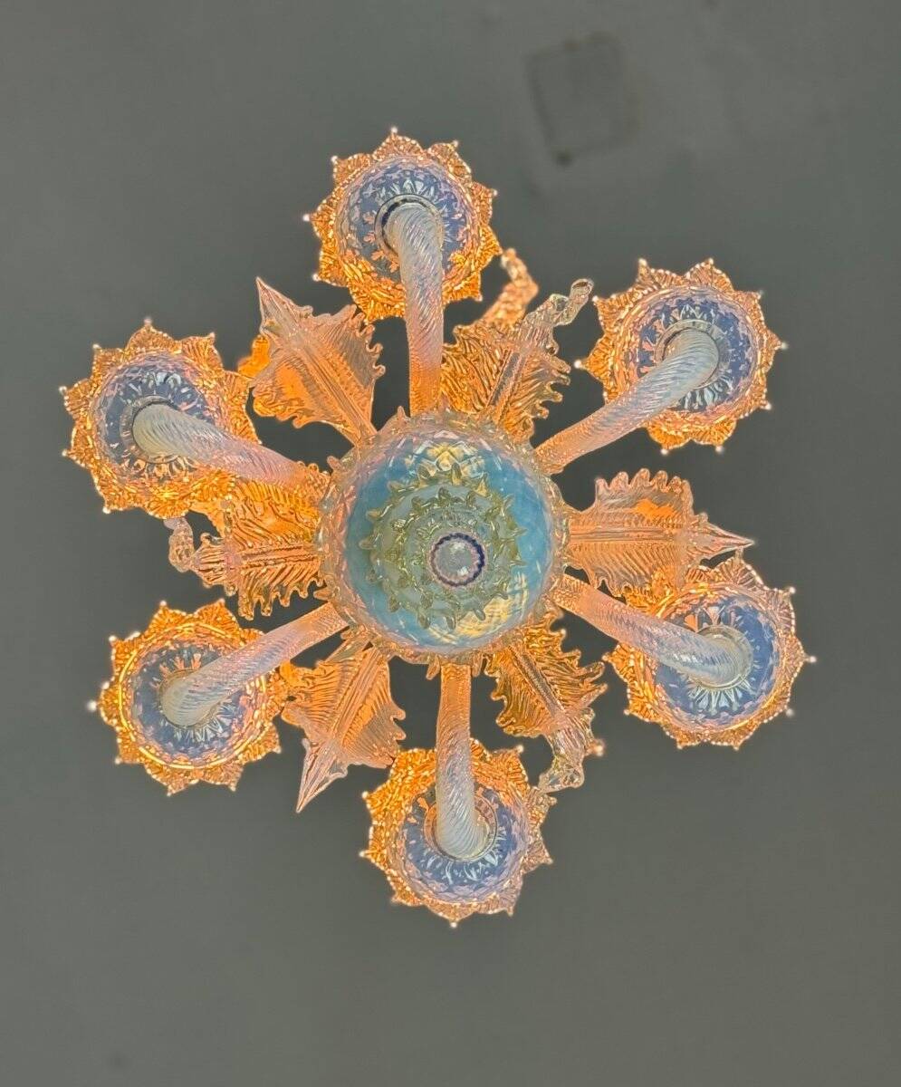 Small Venetian Chandelier In Opalescent Blue And Gold Murano Glass, 6 Arms Of Light Circa 1950