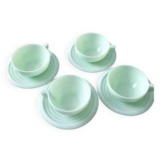 4 art deco green opaline cups and saucers