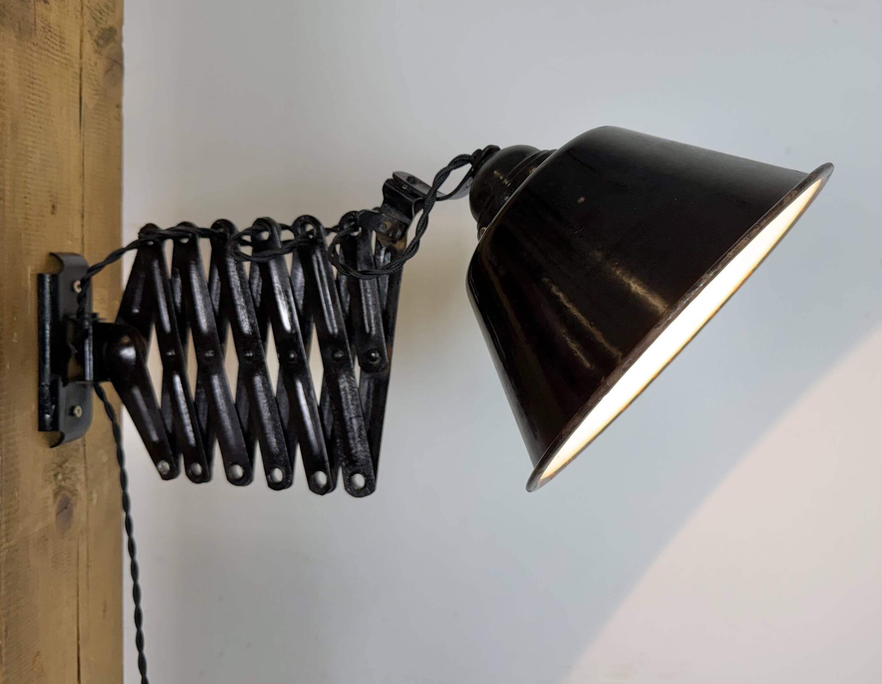 Industrial Black Enamel Scissor Wall Lamp, 1930s