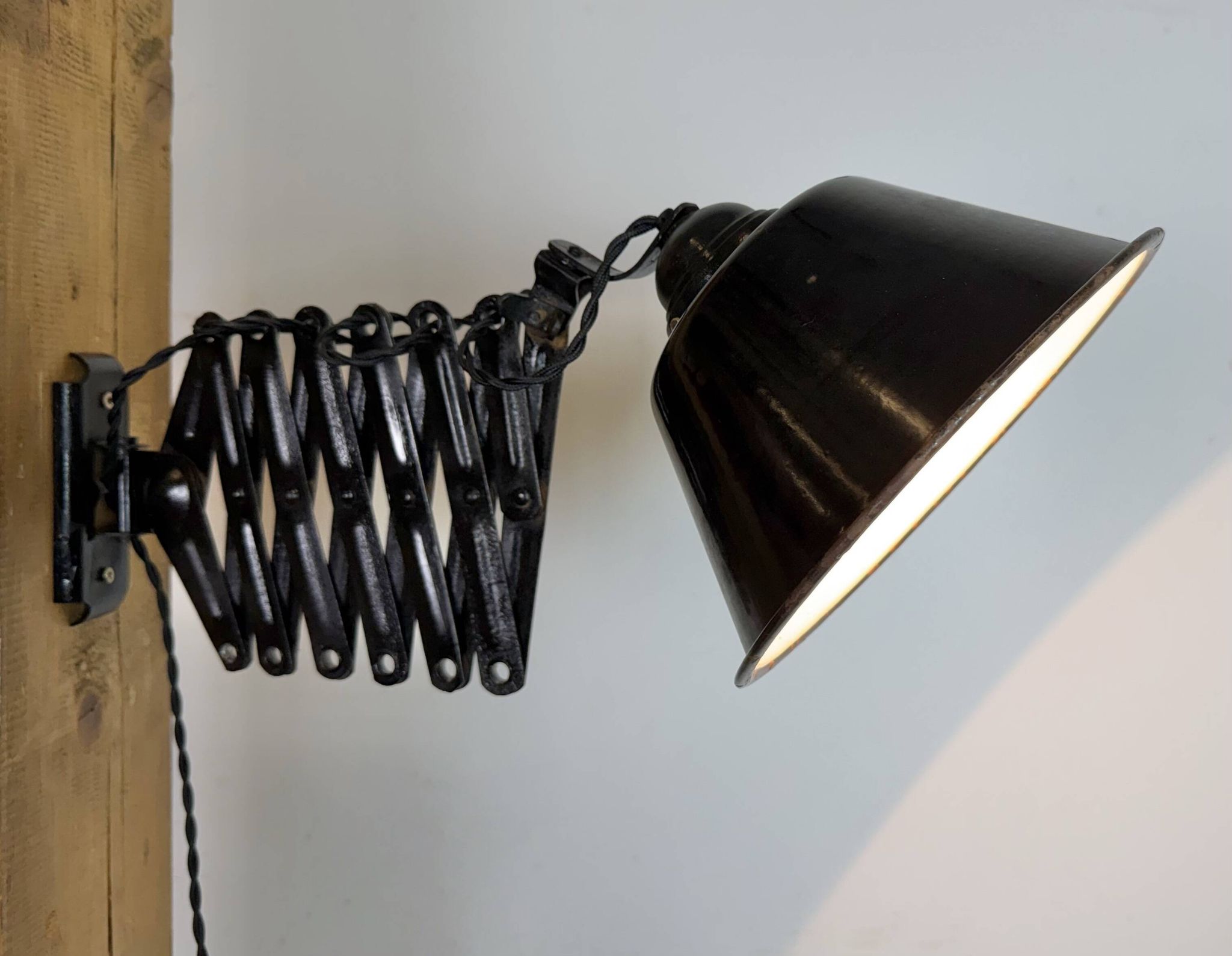Industrial Black Enamel Scissor Wall Lamp, 1930s