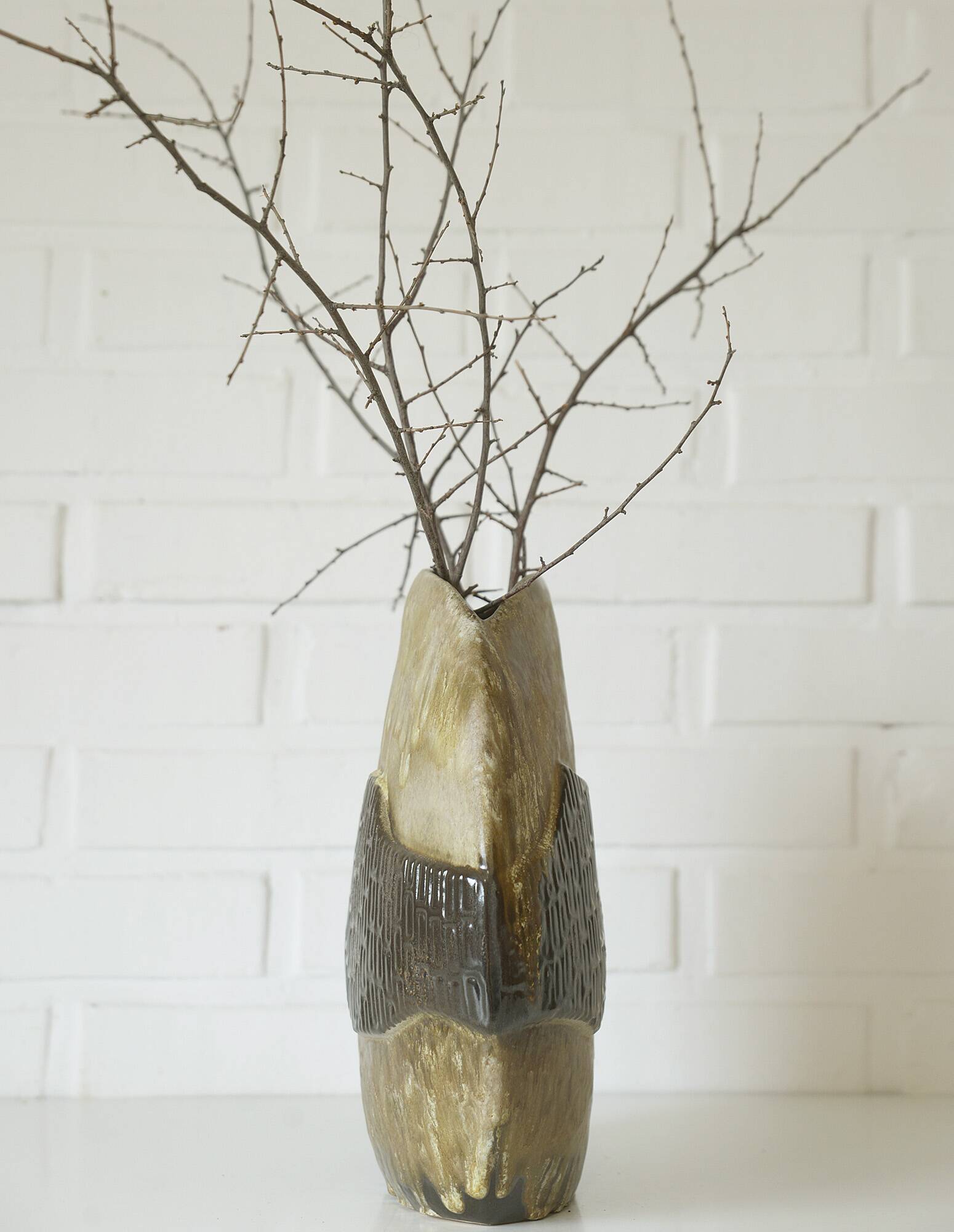 Vintage ceramic floor pampas grass vase brown fat lava pottery Germany 70's